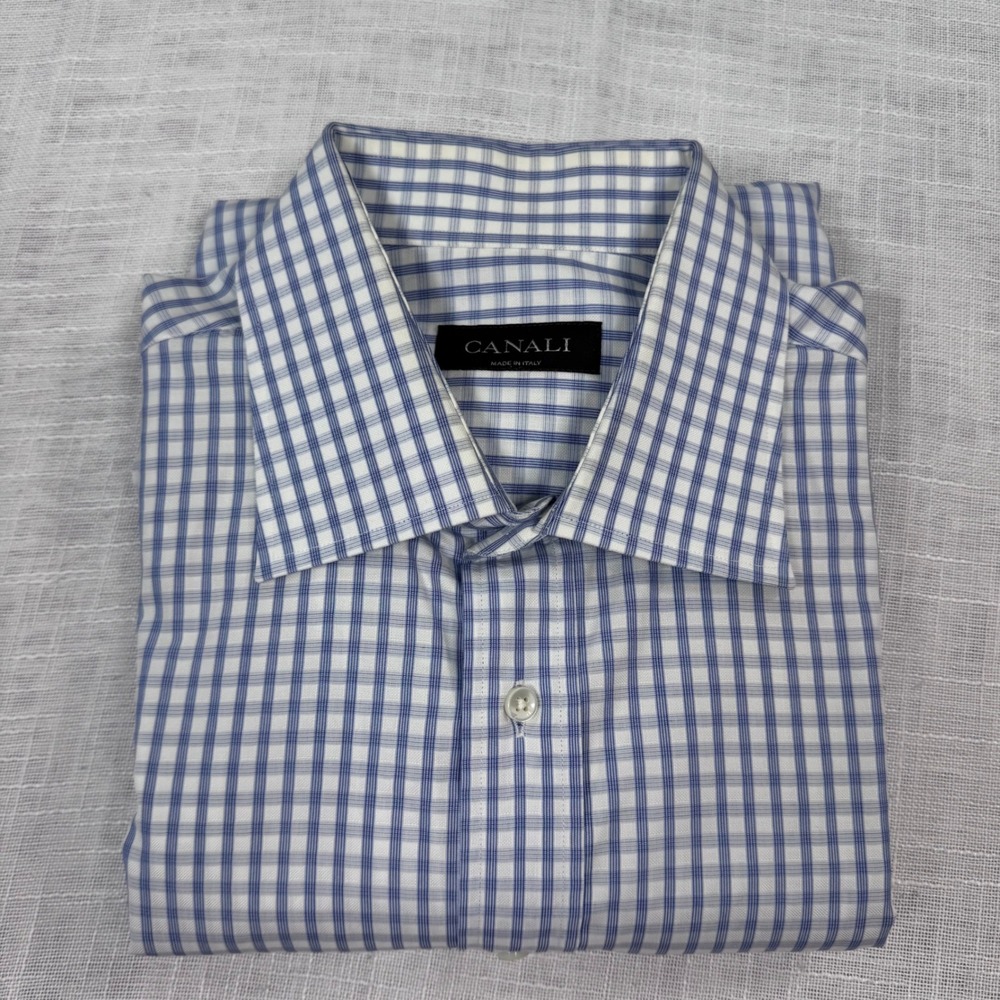 Canali Dress Shirt 43/17 Blue Gingham French Cuff Italian Quiet Luxury Preppy - Picture 9 of 16